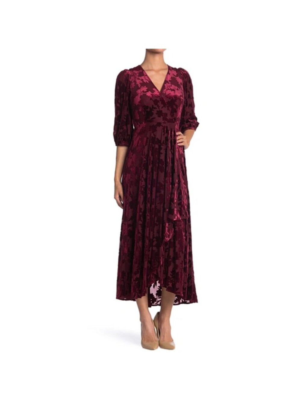 Calvin Klein Velvet Burnout Hi-Low Burgundy Dress